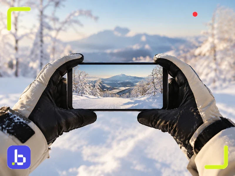 Skier using a phone with a Japan eSIM on a snowy slope