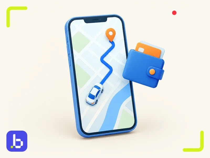 Smartphone with a map route and car icon next to a wallet, representing ride-hailing in China