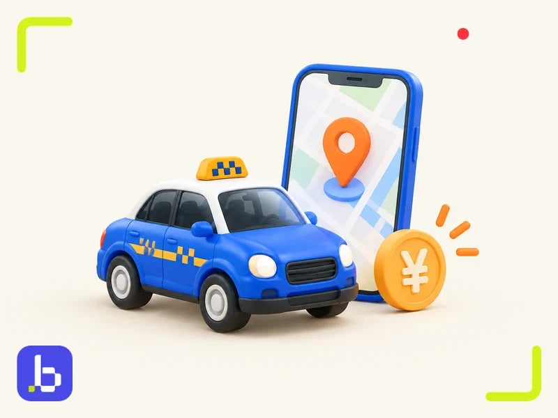 Toy taxi with a smartphone map pin and a yen coin, representing taxi apps in Japan