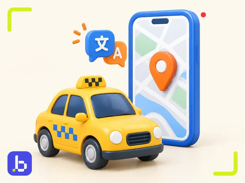 Toy taxi next to a smartphone map with a translation icon, representing taxi apps in Korea
