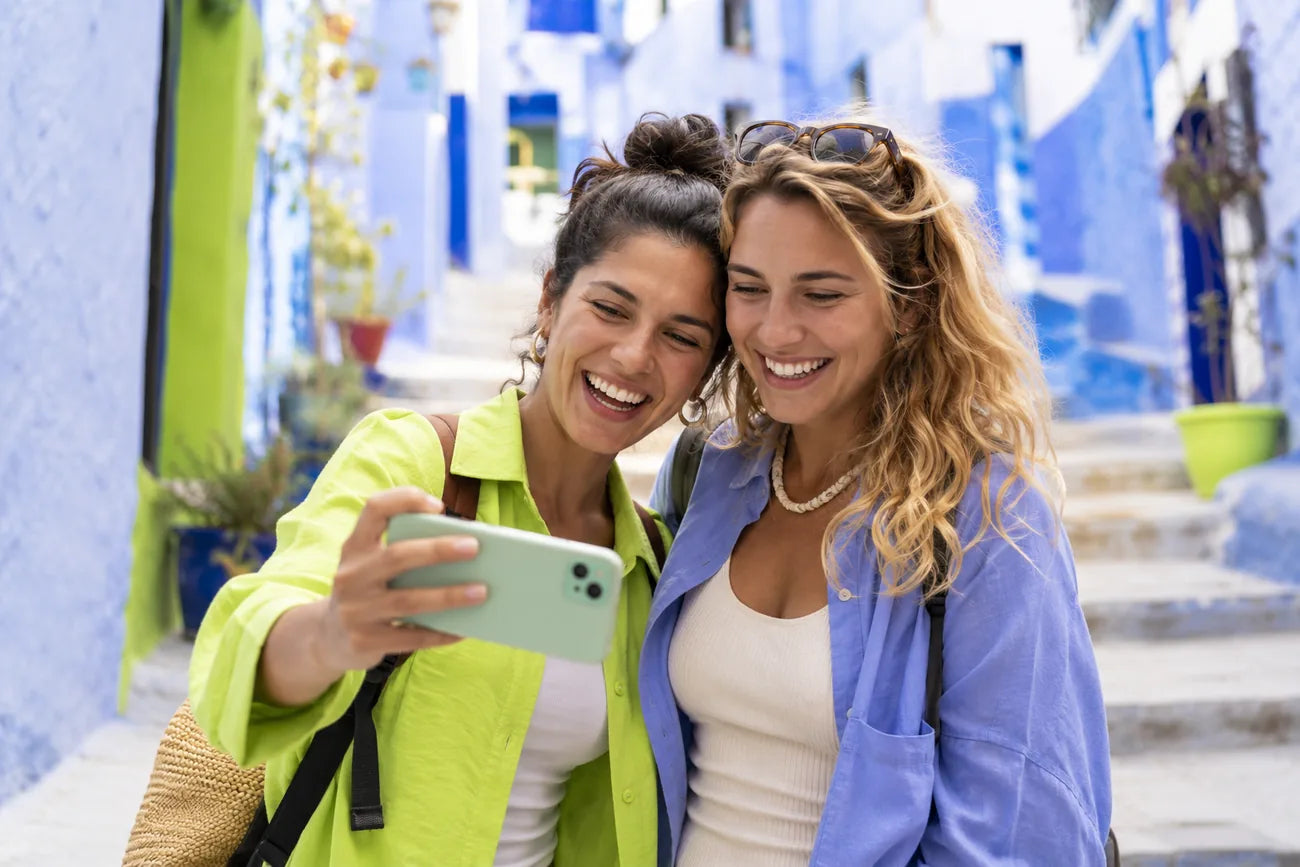 Two friends taking a selfie while traveling